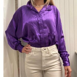 Vintage purple satin long sleeve button up shirt NYE New Year’s Eve